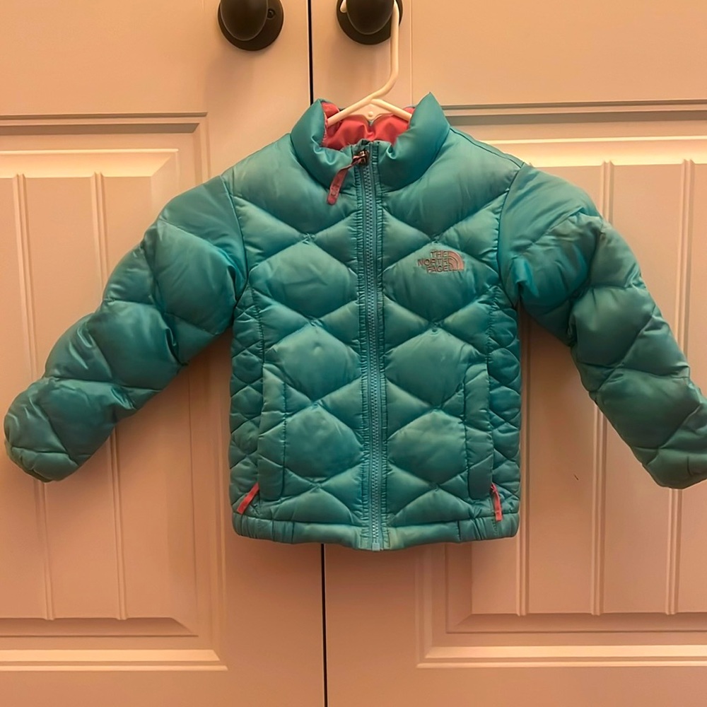 Girls The North Face coat/jacket. Teal exterior with pink inside and accents